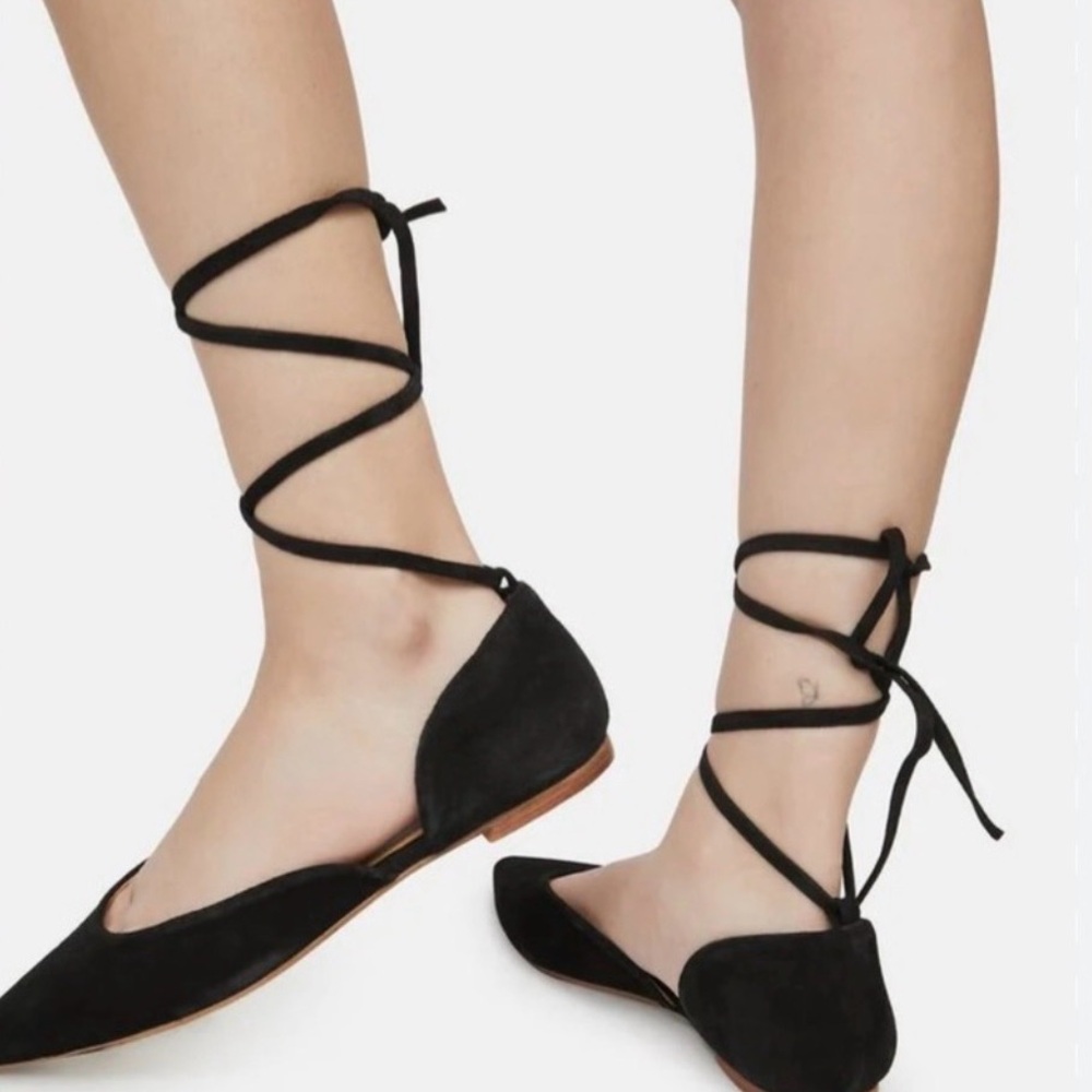 Free People Black Suede Ballet Flats with Strappy Ankle Tie